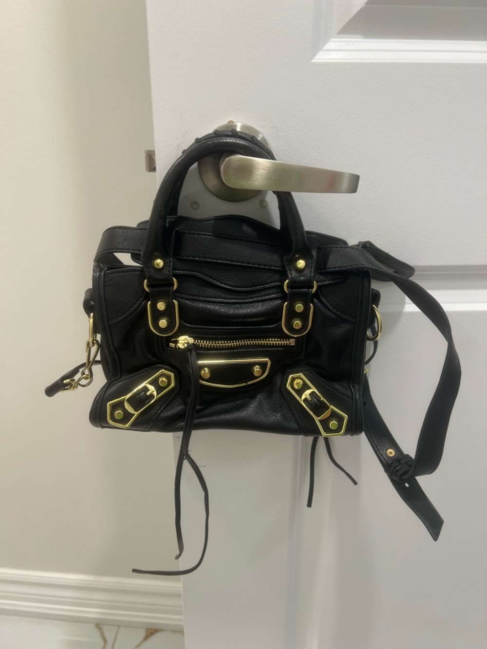 Black Leather Mini Satchel Handbag with Gold Hardware